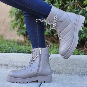 Womens Chunky Block Heel Ankle Combat Boots Taupe Color